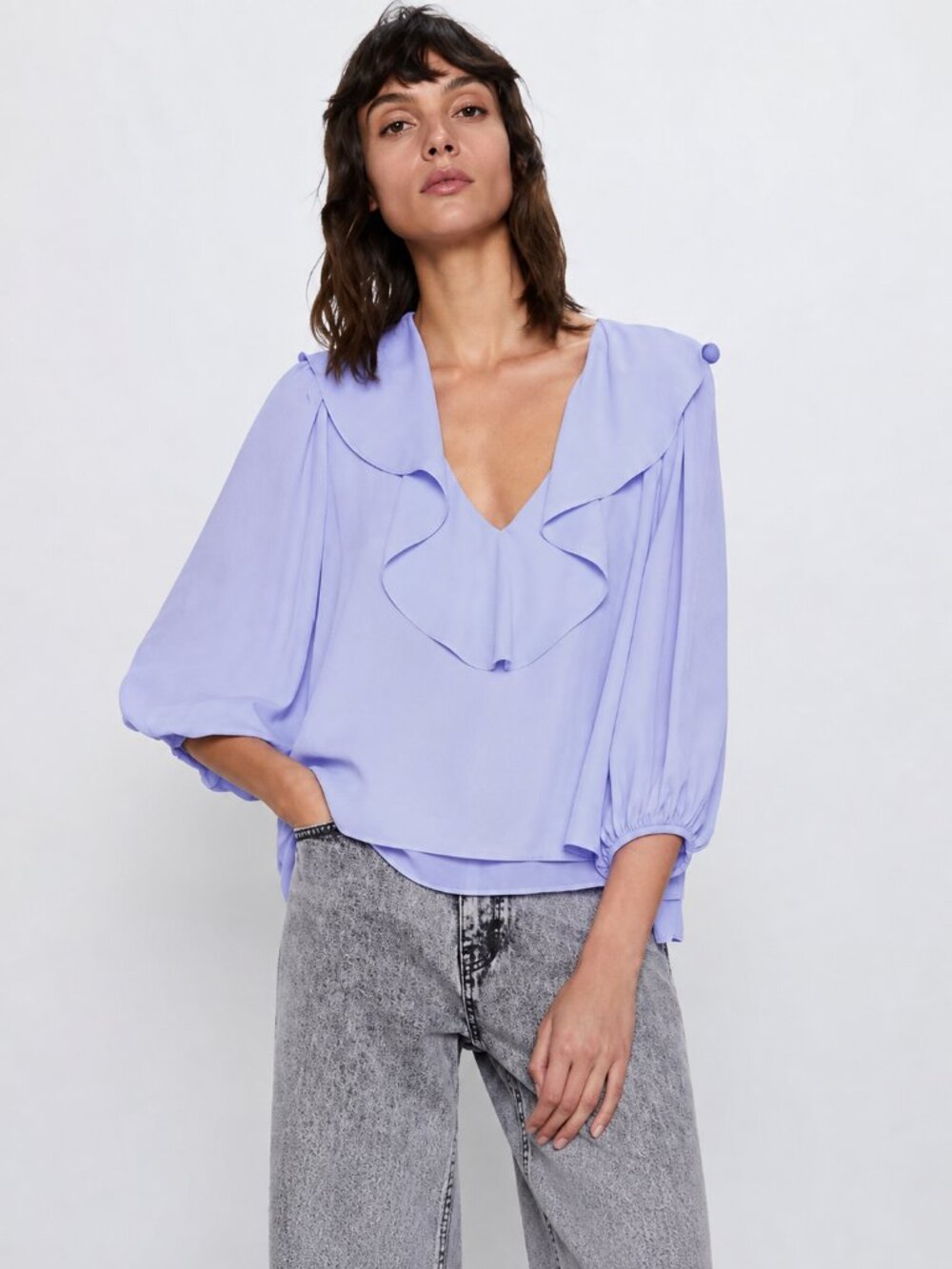 Zara Lavender Ruffle V Neck Blouse Balloon Sleeve Flowy Top Size M NWT